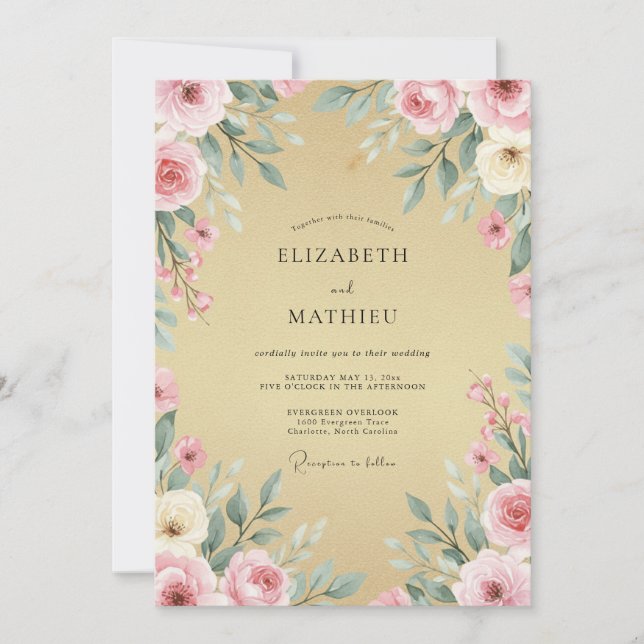 Gold Blush Wreath Wedding Invitation (Front)