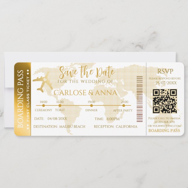 Gold Boarding Pass Destination Wedding QR code Invitation (Front)