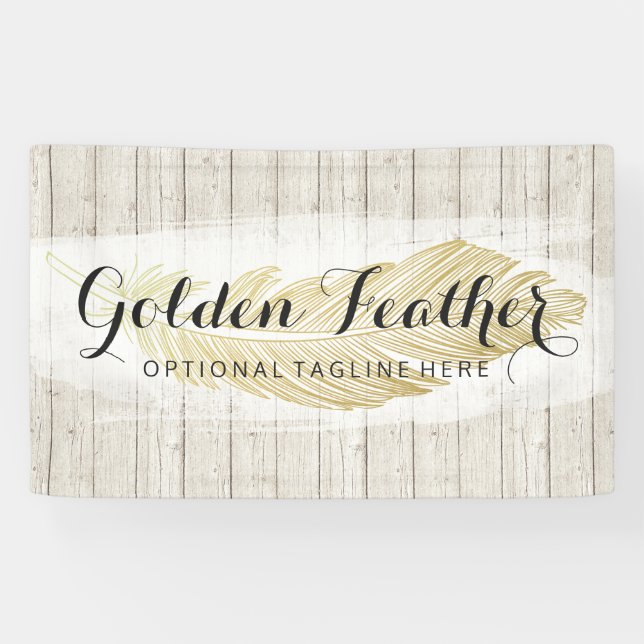 Gold Bohemian Feather on Rustic Wood Boards Banner (Horizontal)