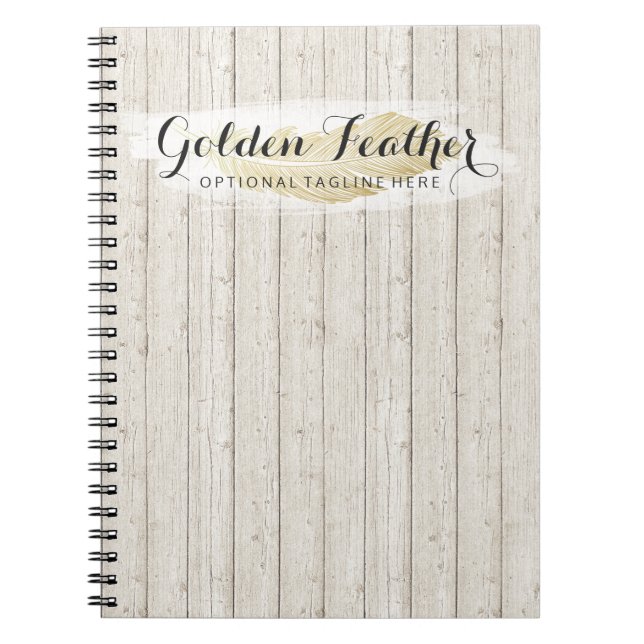 Gold Bohemian Feather on Rustic Wood Boards Notebook (Front)