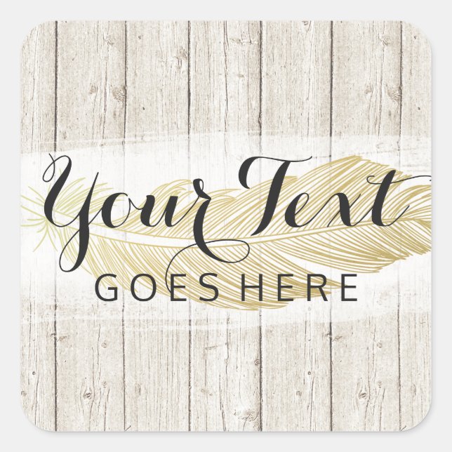 Gold Bohemian Feather on Rustic Wood Boards Square Sticker (Front)