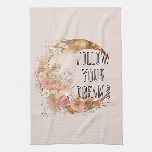 Gold Boho Blush Pink Floral Bridal Shower Tea Towel (Vertical)
