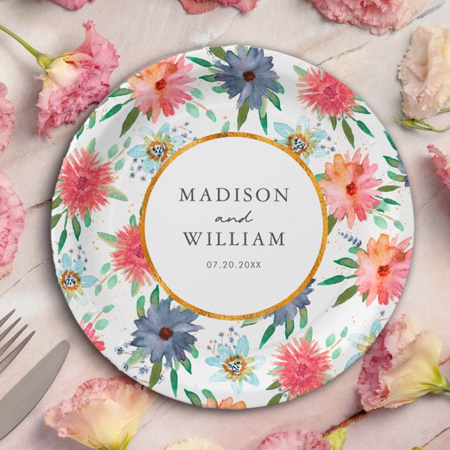 Gold Boho Chic  Whimsical Greenery Wildflower Paper Plate (Creator Uploaded)