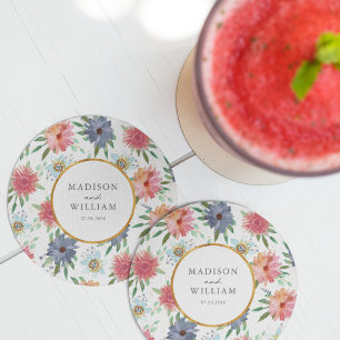 Gold Boho Chic  Whimsical Greenery Wildflower Round Paper Coaster