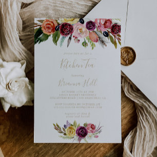 Gold Boho Floral Kitchen Tea Bridal Shower Invitation