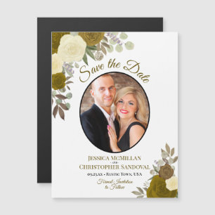 Gold Boho Floral & Photo Wedding Save the Date Magnetic Invitation