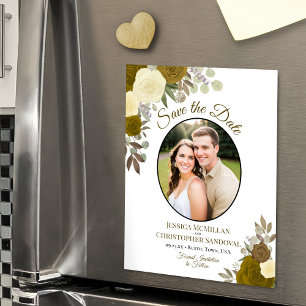 Gold Boho Floral & Photo Wedding Save the Date Magnetic Invitation