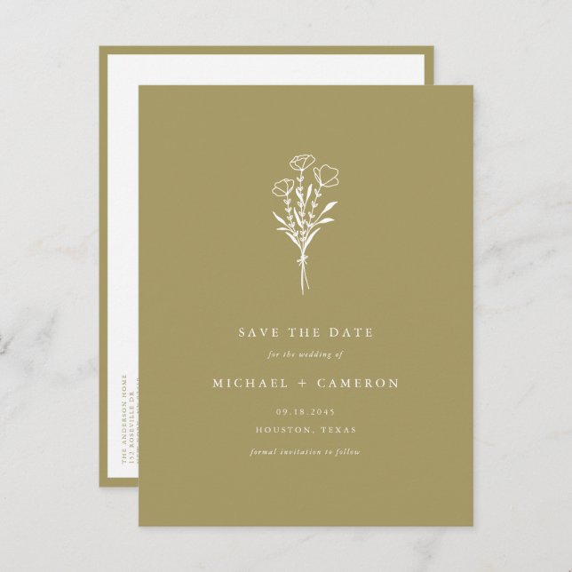 Gold Boho Minimalist Botanical Save the Date Announcement Postcard (Front/Back)