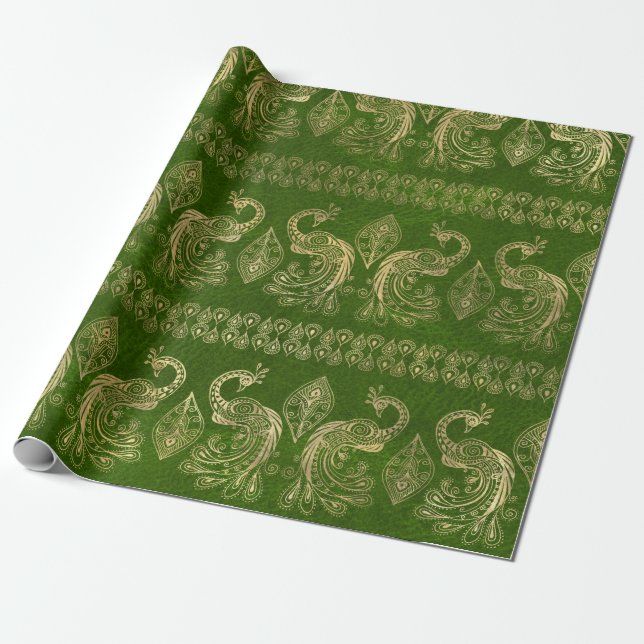 Gold Boho Peacocks on Bright Green Wrapping Paper (Unrolled)
