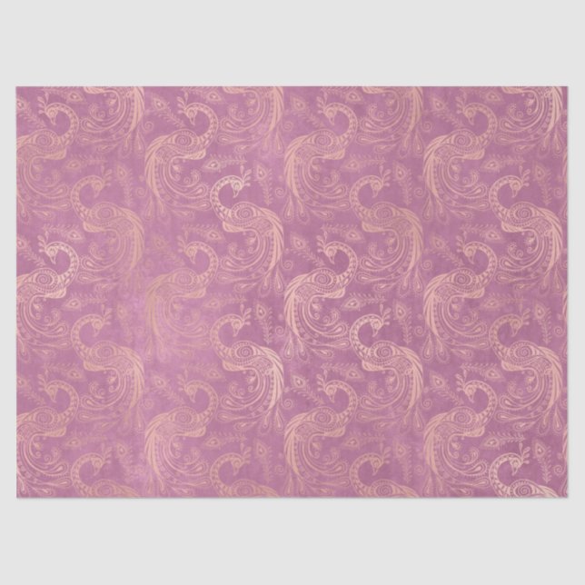Gold Boho Peacocks on Pink Decoupage Tissue Paper (Front)