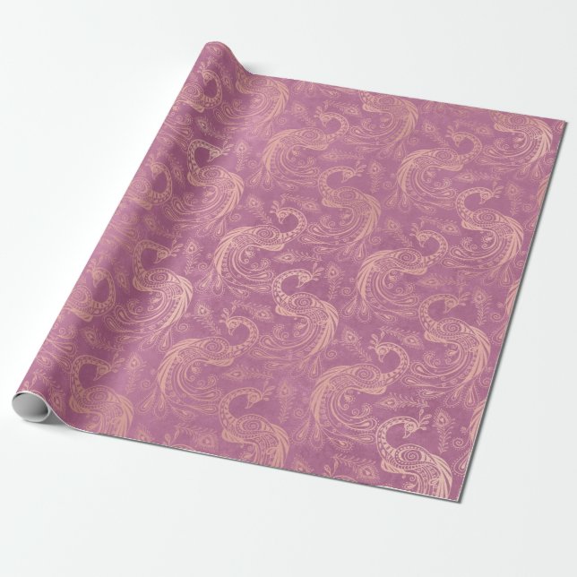 Gold Boho Peacocks on Pink Wrapping Paper (Unrolled)