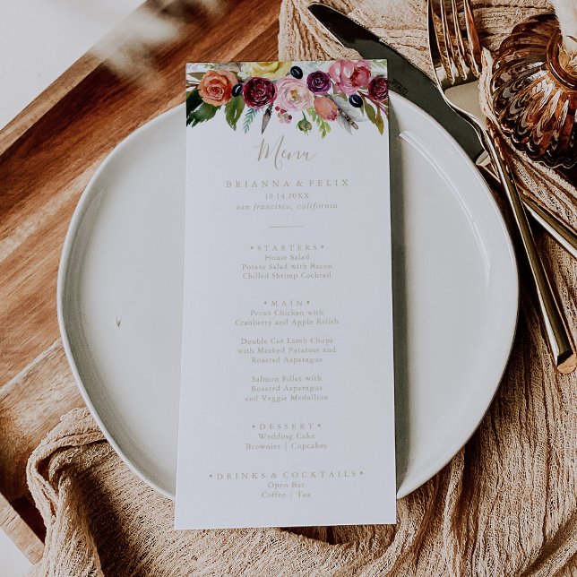 Gold Boho Tropical Floral Dinner Menu (Creator Uploaded)