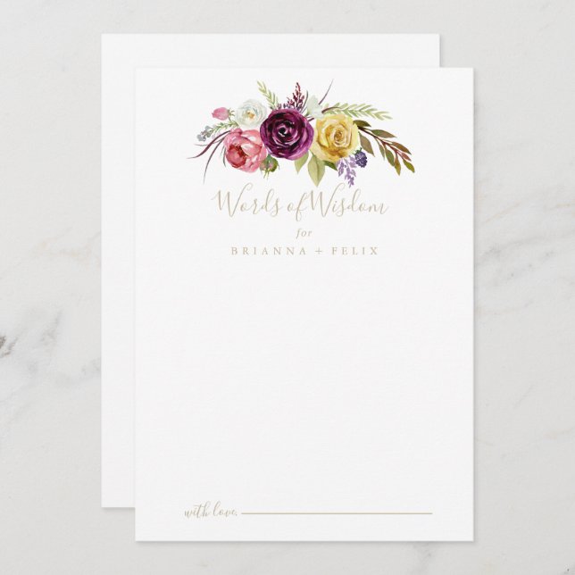 Gold Boho Tropical Floral Wedding Words of Wisdom  Advice Card (Front/Back)