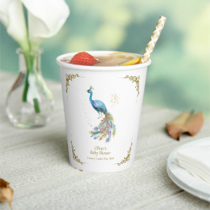 Gold Boho Vintage Elegant Peacock Baby Shower Paper Cups