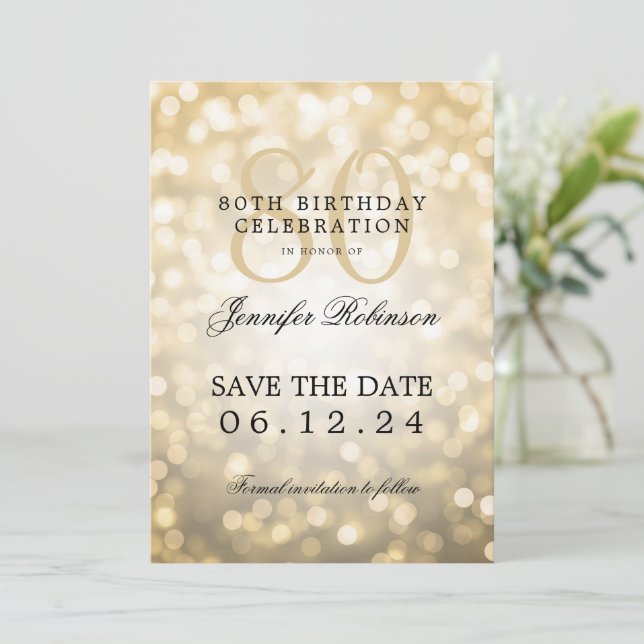 Gold Bokeh 80th Birthday Save the Date  Invitation (Standing Front)