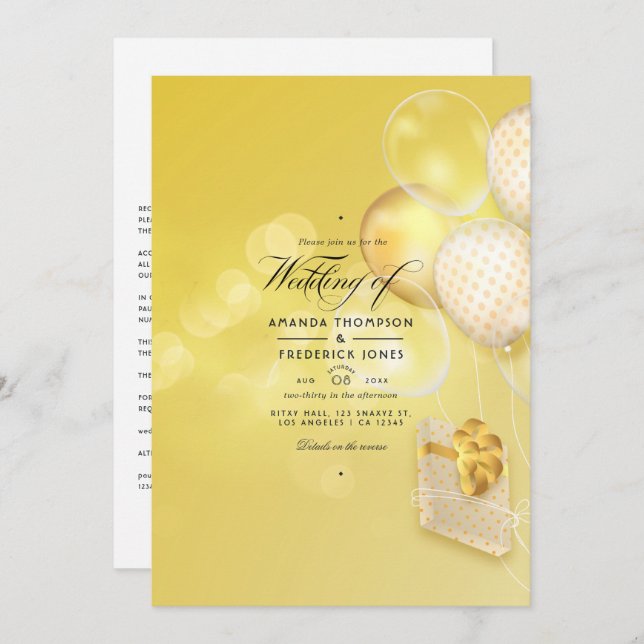 Gold Bokeh Balloons Wedding Invitation (Front/Back)