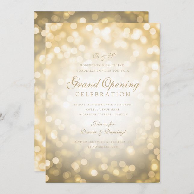 Gold Bokeh Lights Corporate Grand Opening  Invitation (Front/Back)