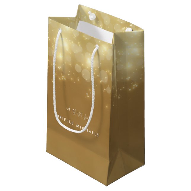 Gold Bokeh Luxury Sparkle Elegant Glow With Name Small Gift Bag (Front Angled)