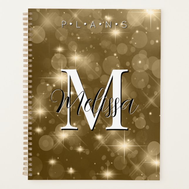 Gold Bokeh Modern Monogram Sparkle Planner (Front)