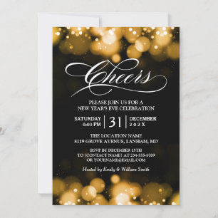 Gold Bokeh Sparkles Cheers New Year's Eve Party Invitation