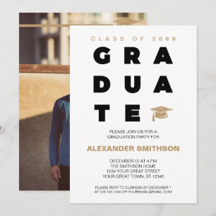 Gold Bold GRADUATE Letters and Cap Graduation Invitation