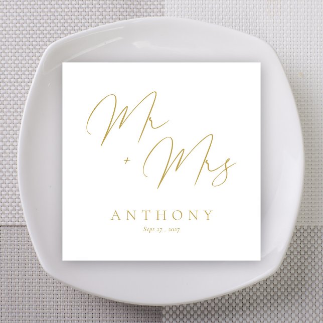 Gold Bold Marker Mr + Mrs Wedding Napkin (Elegant Mr & Mrs Gold Script Custom Wedding Napkins)