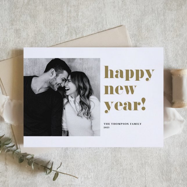 Gold Bold Typography Photo Happy New Year 2025 Holiday Card (Creator Uploaded)