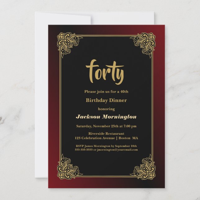 Gold Border Black 40th Birthday Dinner Invitation (Front)