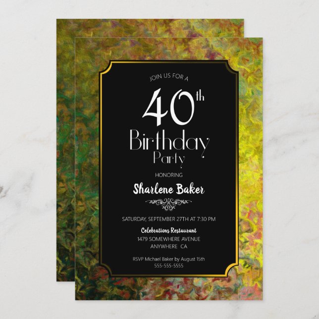 Gold Border Black 40th Birthday Party Invitation (Front/Back)