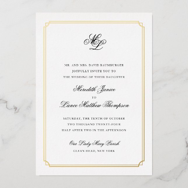 Gold Border Black and Gold Monogram Wedding (Front)