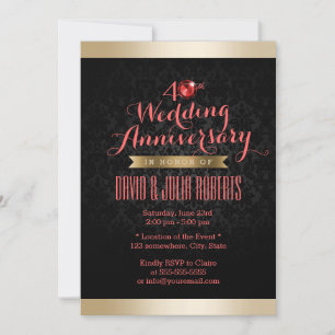 Gold Border Black Damask Ruby Wedding Anniversary Invitation