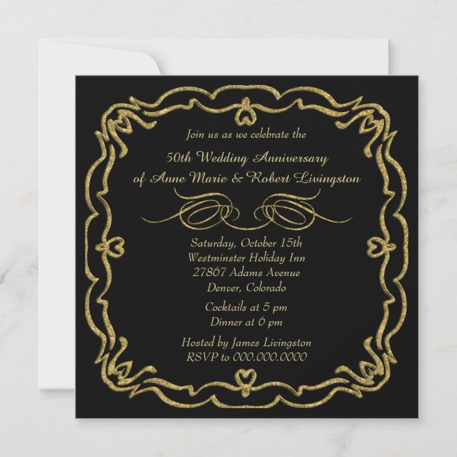 Gold Border Black Golden Anniversary Invitation (Front)