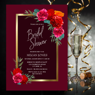 Gold Border Burgundy Floral Bridal Shower Invitation