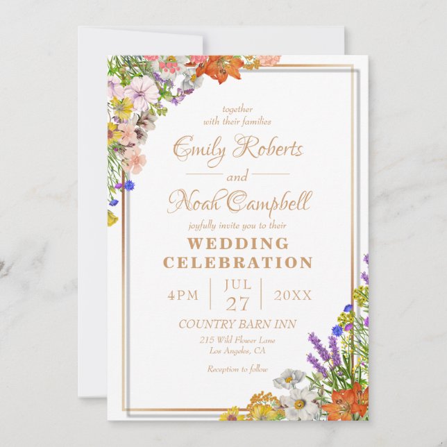 Gold Border Colourful Wildflowers Country Wedding Invitation (Front)