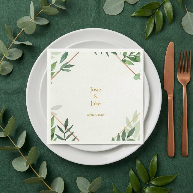 Gold border, green leaves Wedding names, reception Napkin (Gold border, green leaves Wedding names, reception Napkins.)