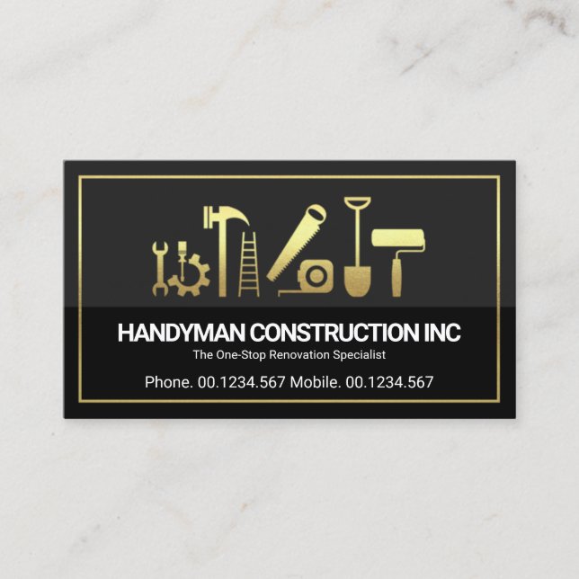 Gold Border Handyman Tools Grey Black Layers Business Card (Front)