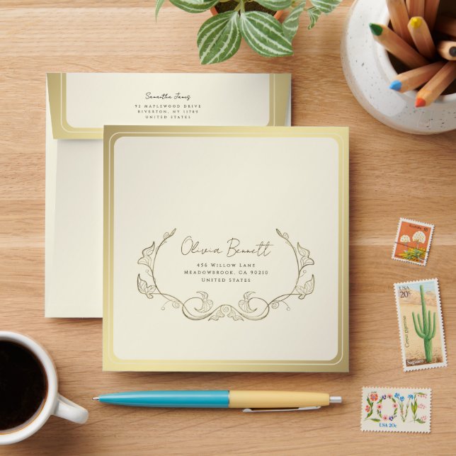 Gold Border Minimalist Wedding Envelope (Desk)