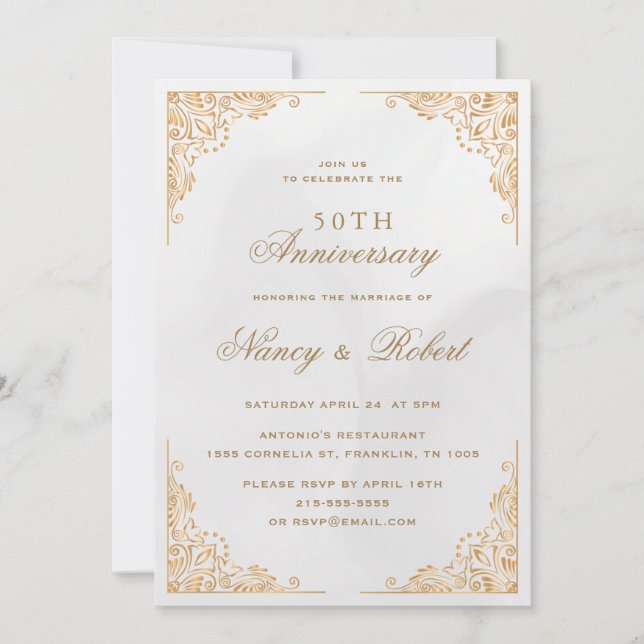 Gold Border Ornate Cream 50th Wedding Anniversary Invitation (Front)