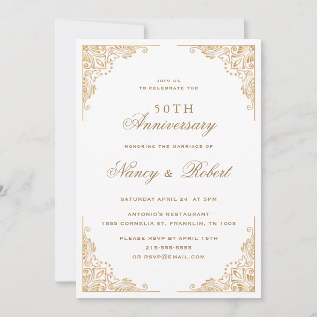 Gold Border Ornate White 50th Wedding Anniversary Invitation (Front)
