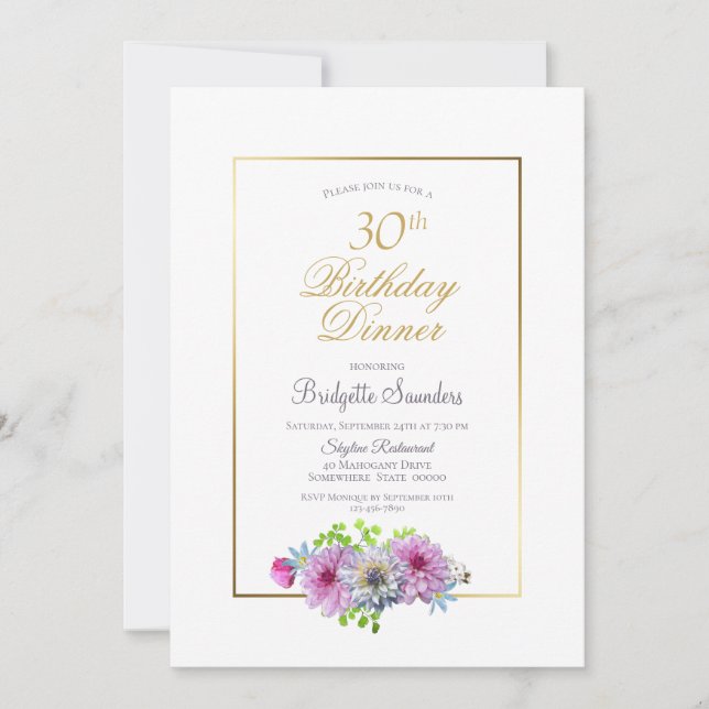 Gold Border Pink Dahlia 30th Birthday Dinner Invitation (Front)