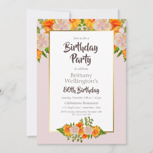 Gold Border Pink Floral 80th Birthday Invitation (Front)