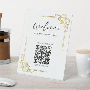 Gold Border QR Code Custom Text Business Pedestal Sign