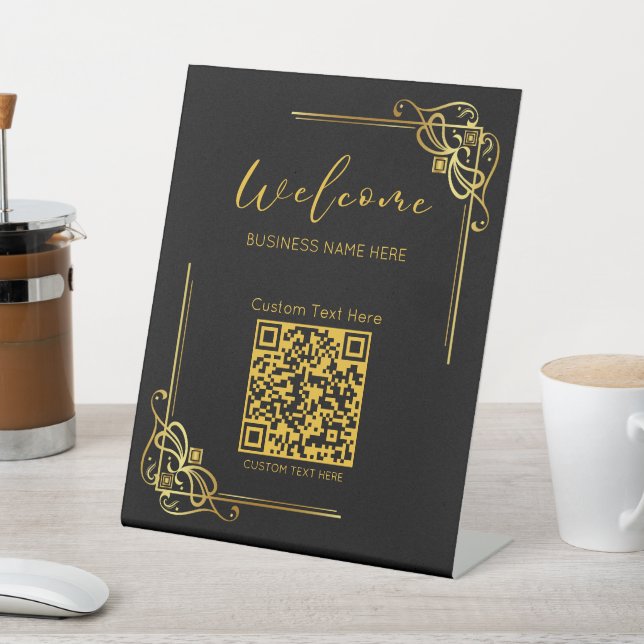Gold Border QR Code Custom Text Business Pedestal Sign (In SItu)