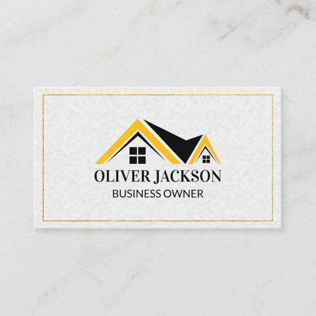 Gold Border | Rooftop Icon | Paper Texture Business Card (Front)