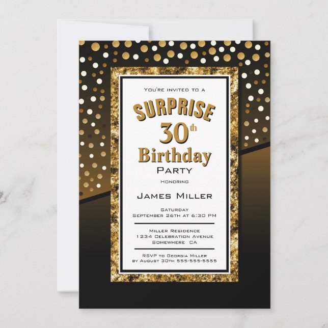 Gold Border Surprise 30th Birthday Party Invitation (Front)