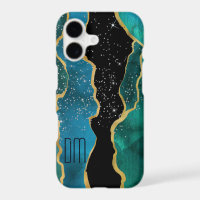 Gold Border Teal Agate Sparkle Monogram