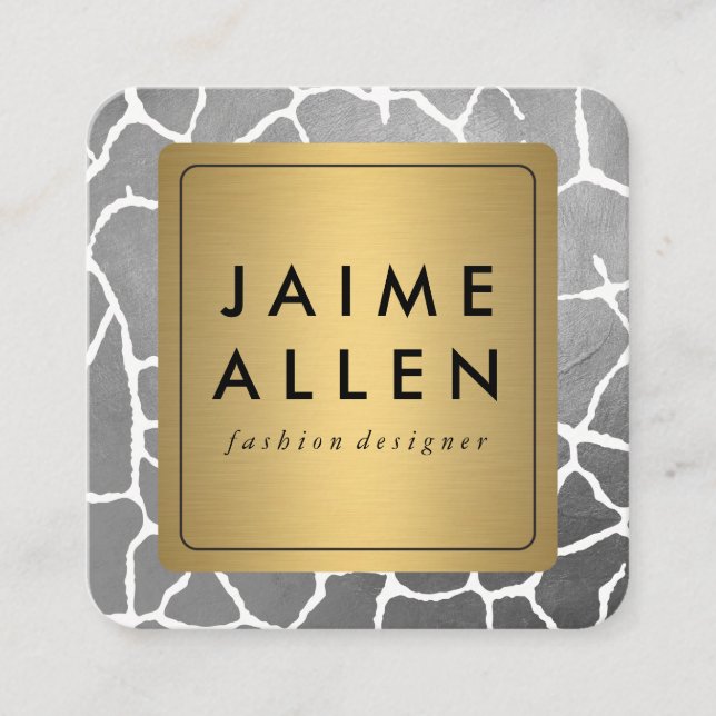Gold Border with Chic Grey Pattern Square Business Card (Front)