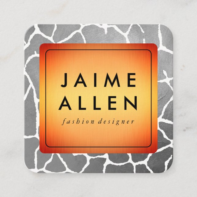 Gold Border with Chic Grey Pattern Square Business Card (Front)