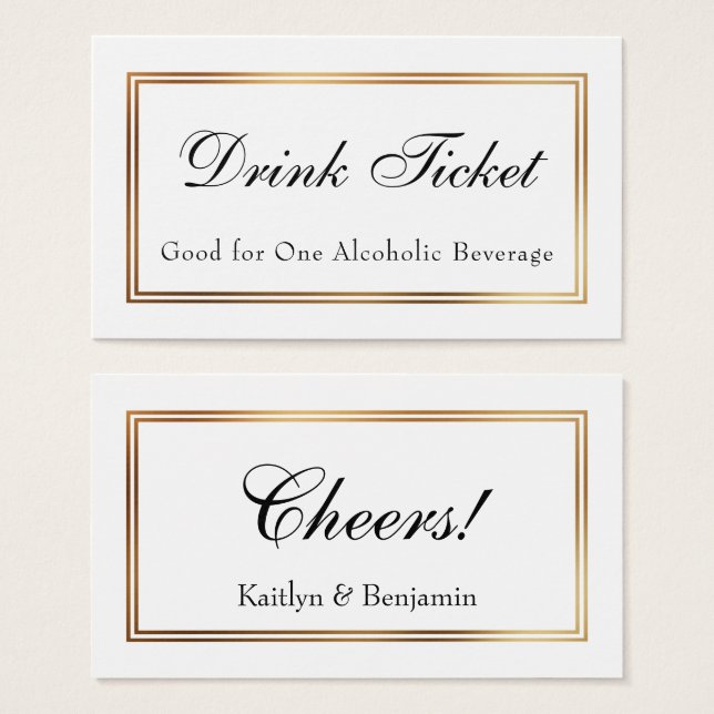Gold Bordered White Drink Ticket Insert Cards (Front & Back)