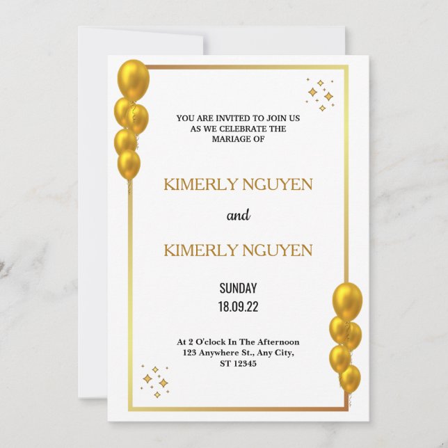 Gold Borders Bridal White Wedding Invitation (Front)